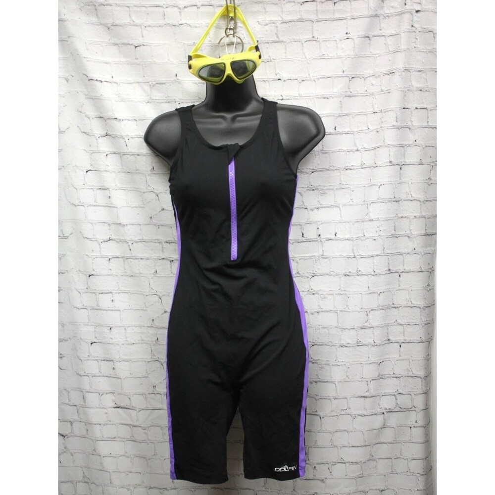 Dolfin Aquashape Womens Modest Full Coverage Body Suit Size 10 + Goggles Black